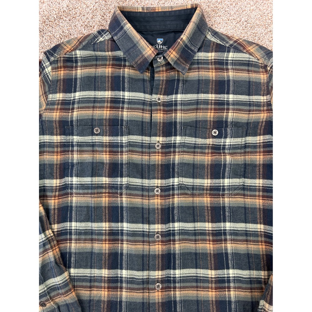 KUHL Men Plaid Flannel Button Down Shirt Green Navy Orange Long Sleeve Small